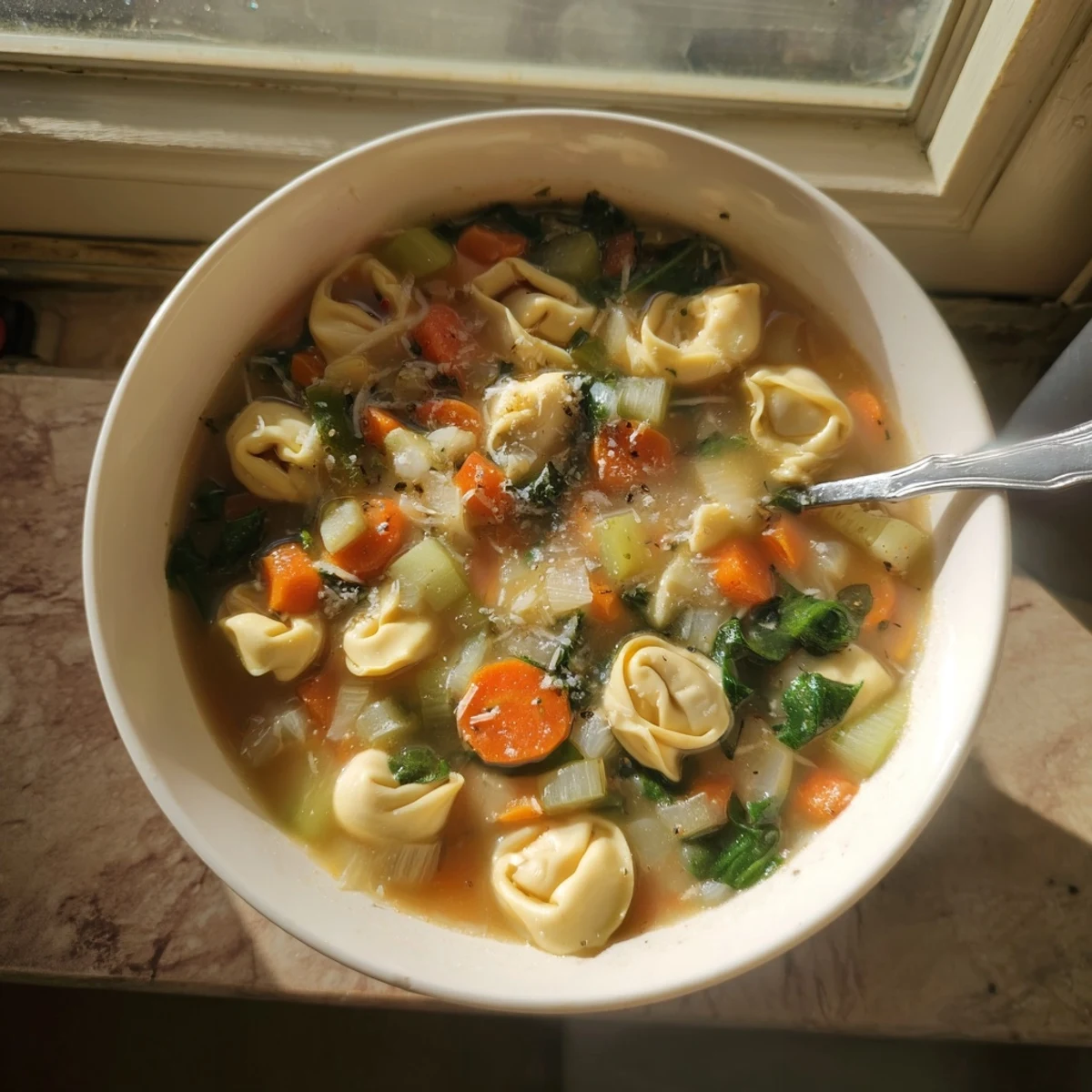 Bowl of comforting Instant Pot creamy tortellini soup topped with grated parmesan and fresh wilted spinach