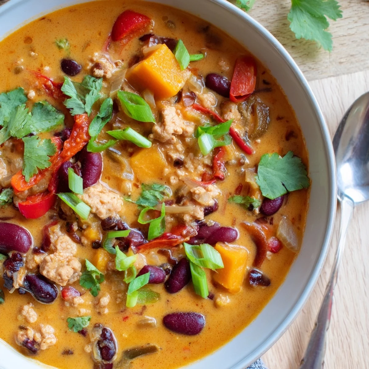Hearty bowl of turkey pumpkin chili topped with fresh cilantro and green onions