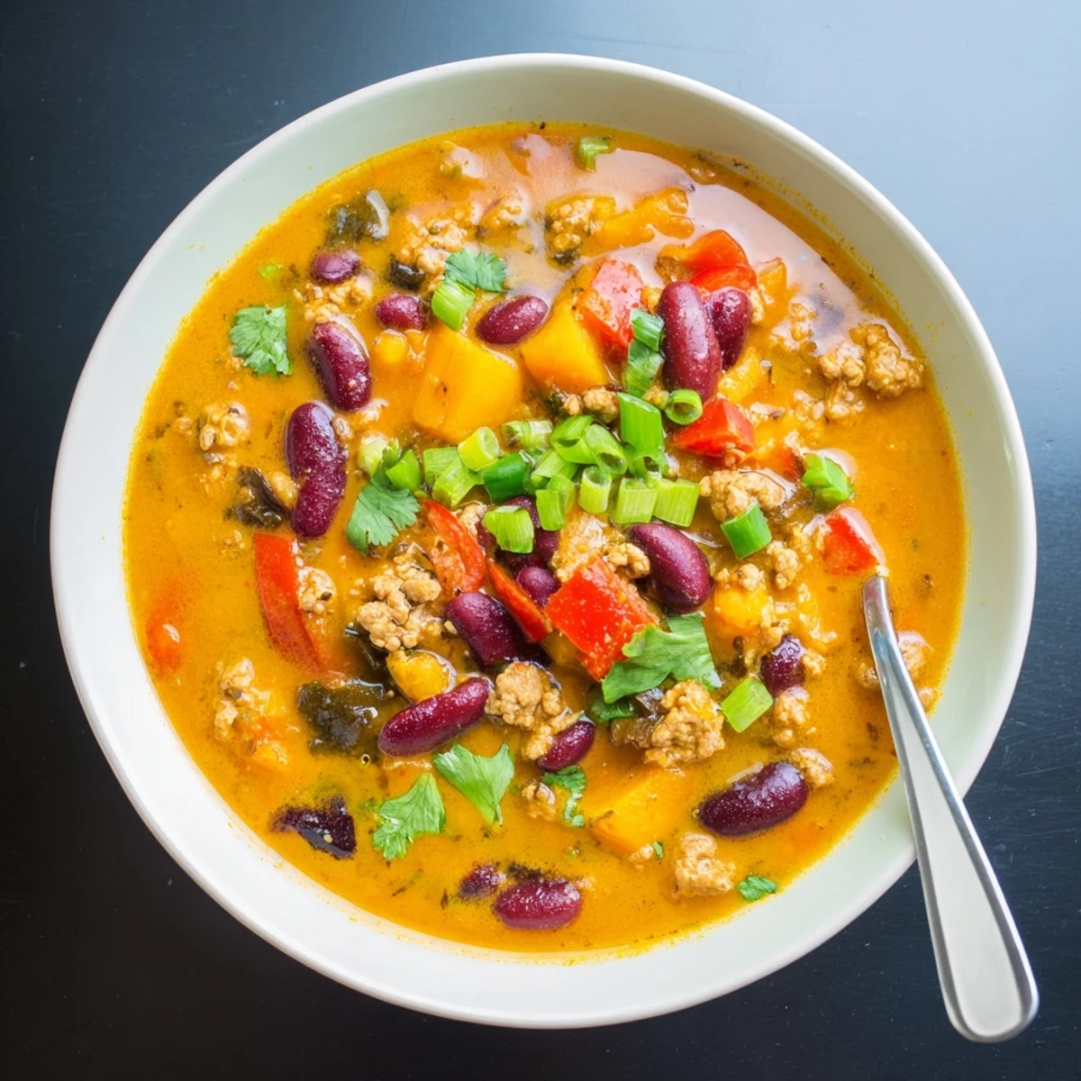Rich orange turkey pumpkin chili simmering with black beans and diced red peppers