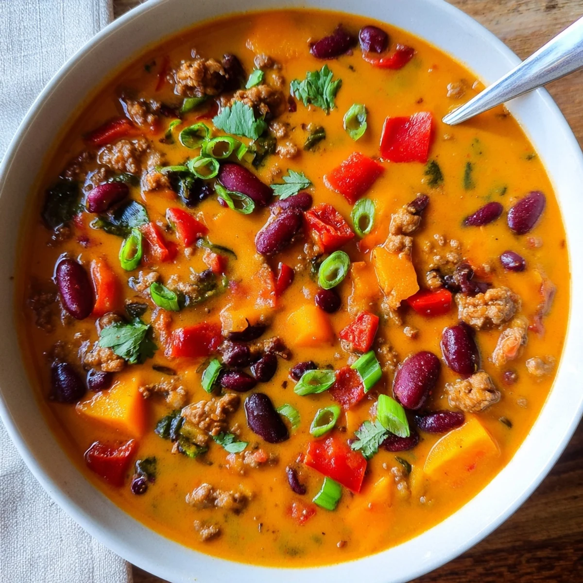 Creamy turkey pumpkin chili served in white bowl with shredded cheese garnish