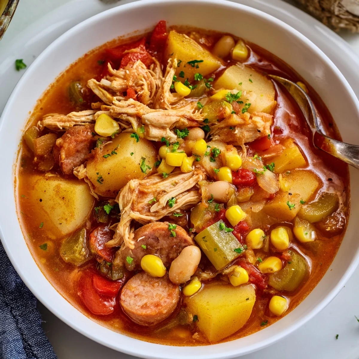Hearty bowl of Brunswick Stew filled with tender chicken, pork, and colorful vegetables in rich tomato broth