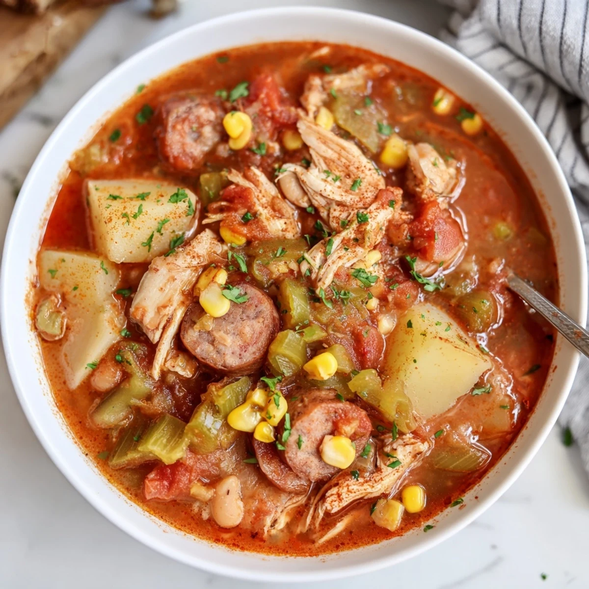 Slow-simmered Brunswick Stew featuring smoked sausage, lima beans, corn, and shredded chicken in a deep red savory sauce