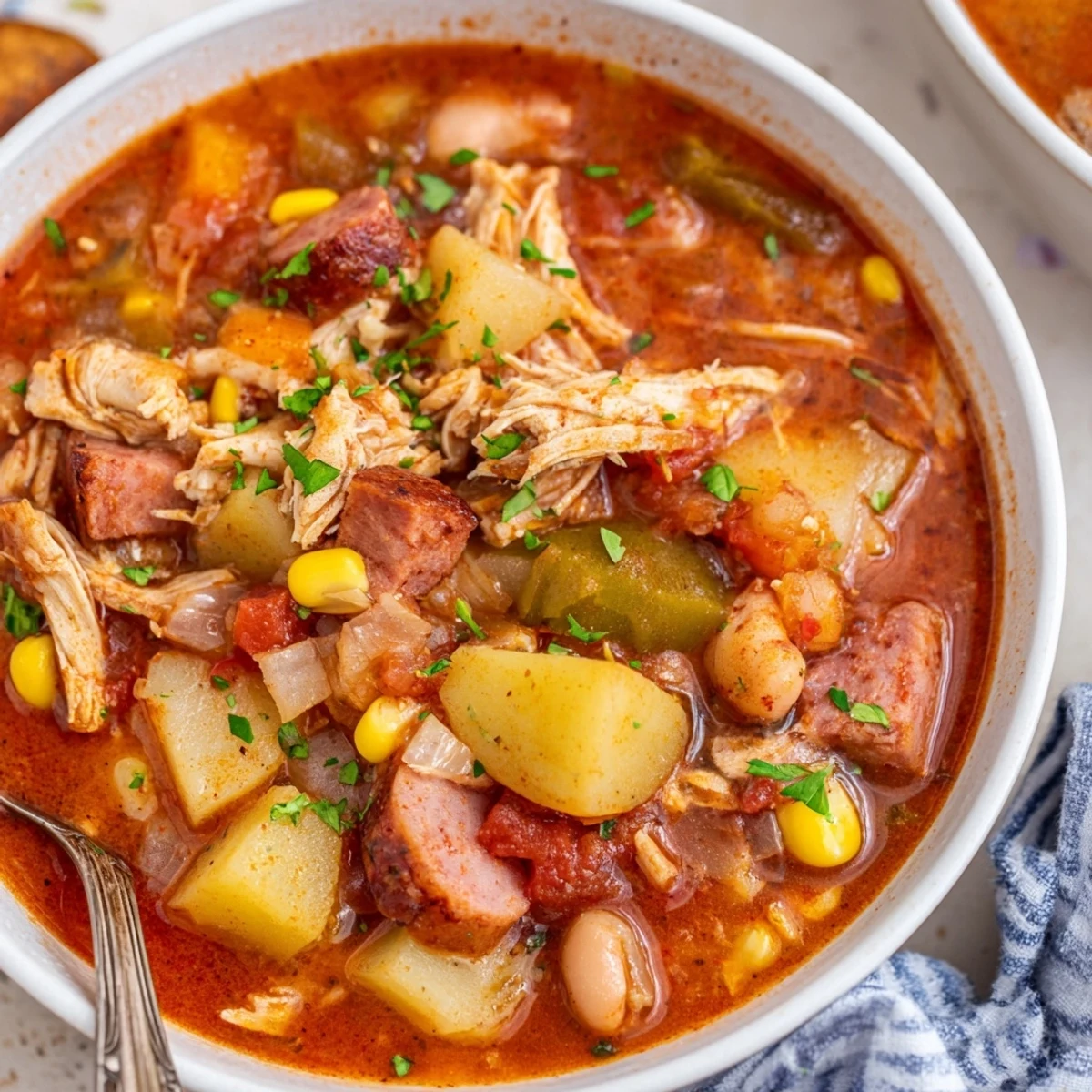 Steaming Southern Brunswick Stew topped with fresh parsley, showcasing chunky potatoes and meats in a thick comforting stew