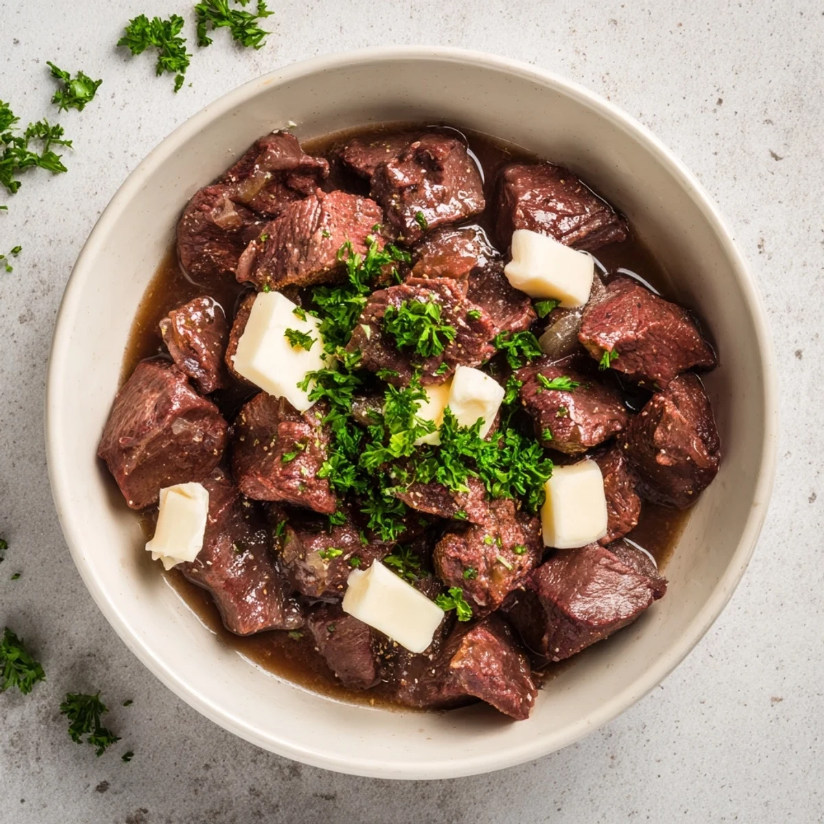 Succulent crockpot steak bites plated over mashed potatoes with melted butter and herbs