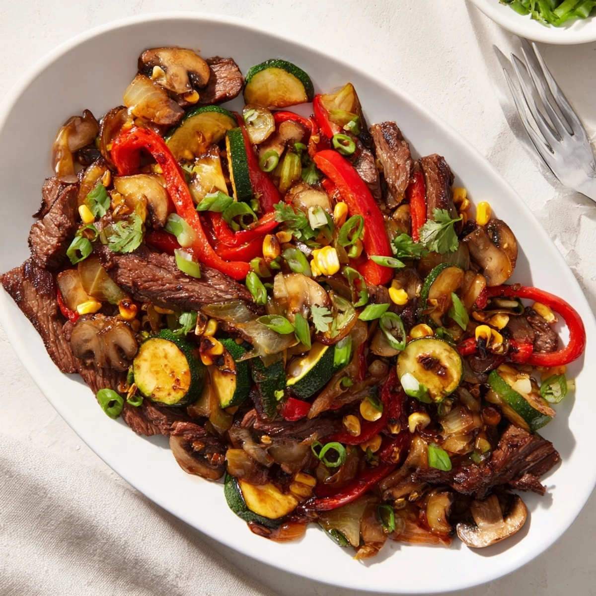 Sizzling Blackstone cowboy stir fry featuring tender sliced beef with colorful charred vegetables and glossy sauce