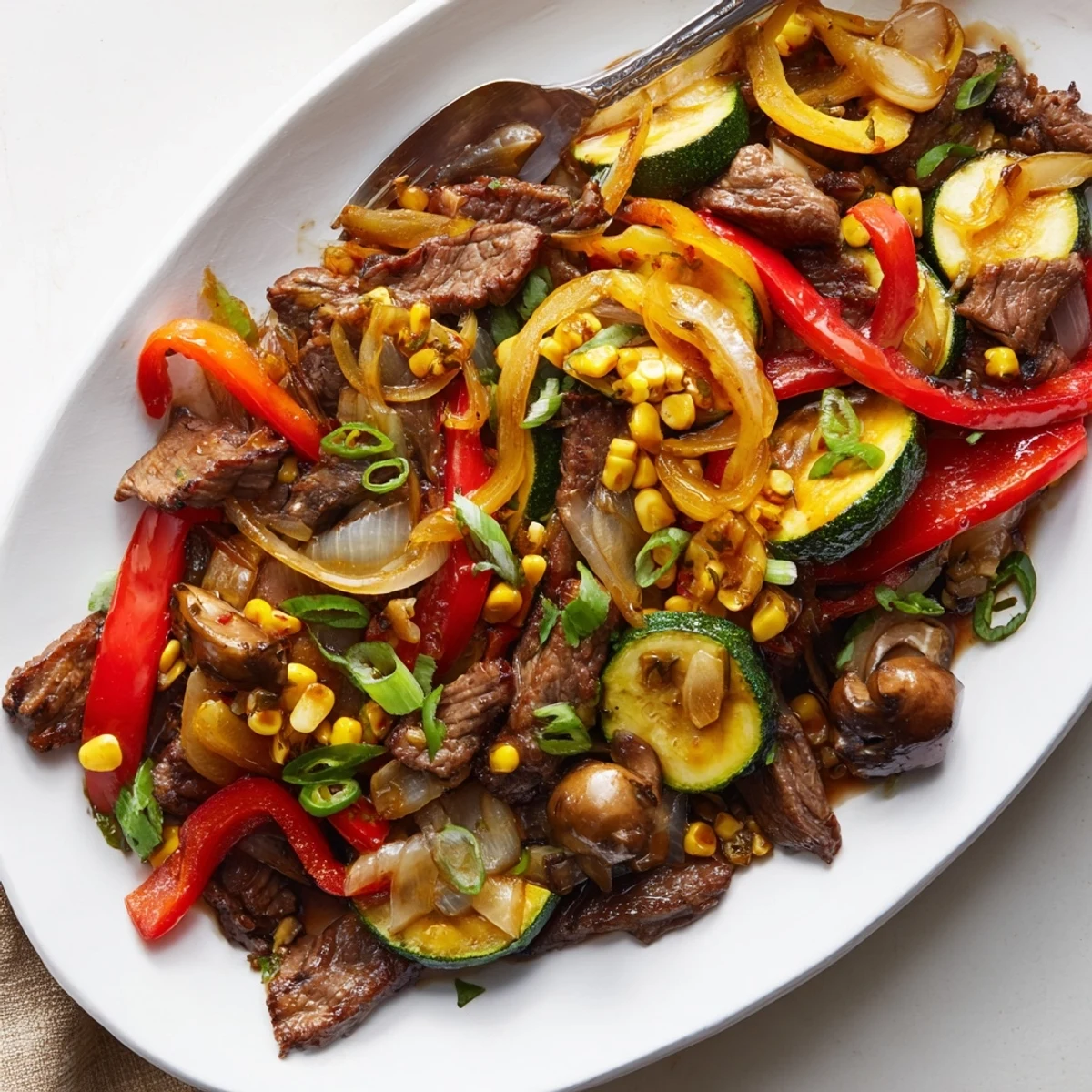 Rustic cast iron skillet filled with Blackstone cowboy stir fry showcasing steak corn and vibrant veggies