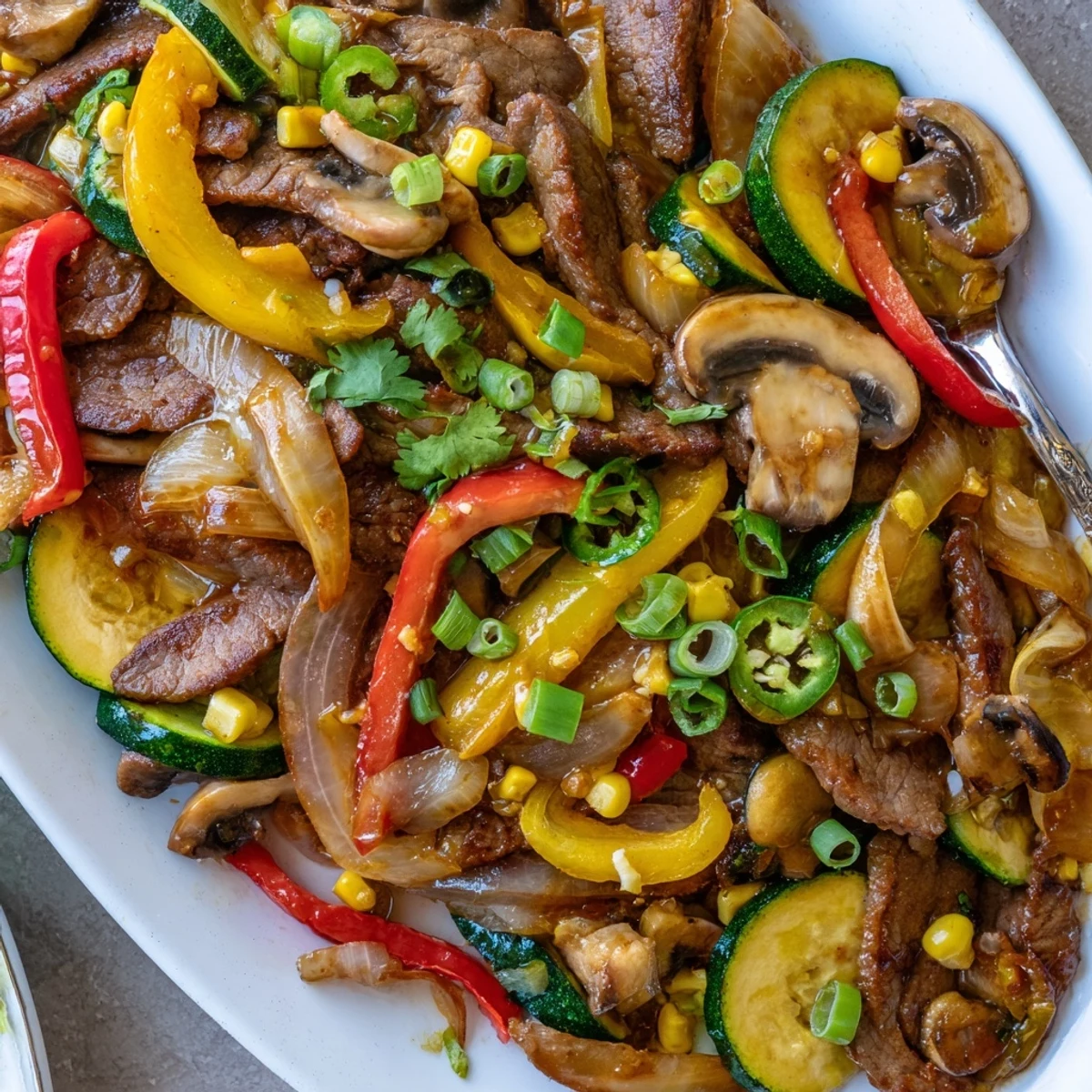 Hearty Blackstone cowboy stir fry packed with smoky beef crisp peppers and caramelized onions on griddle