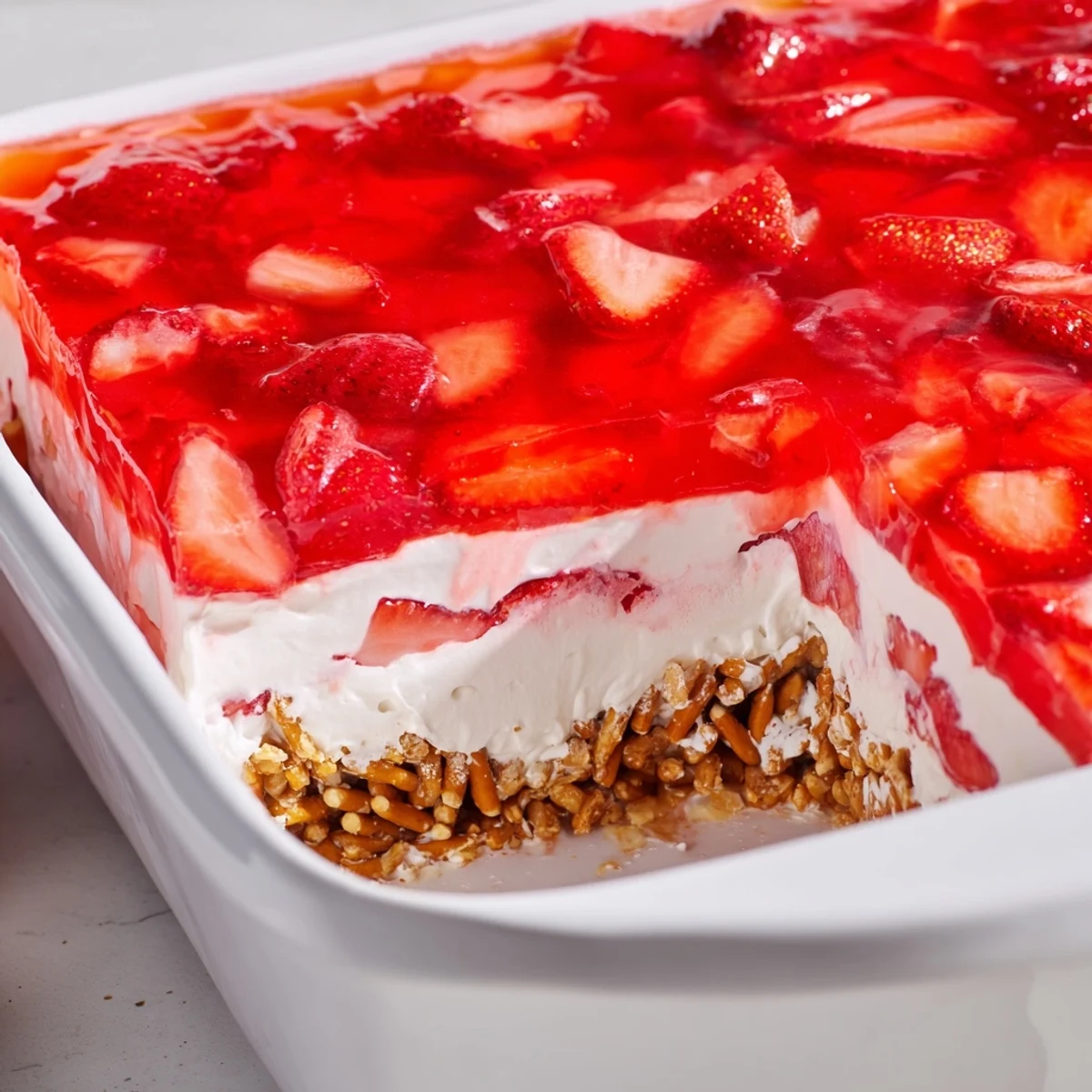 Golden pretzel crust topped with creamy layer and fresh strawberries in pink strawberry crackle salad
