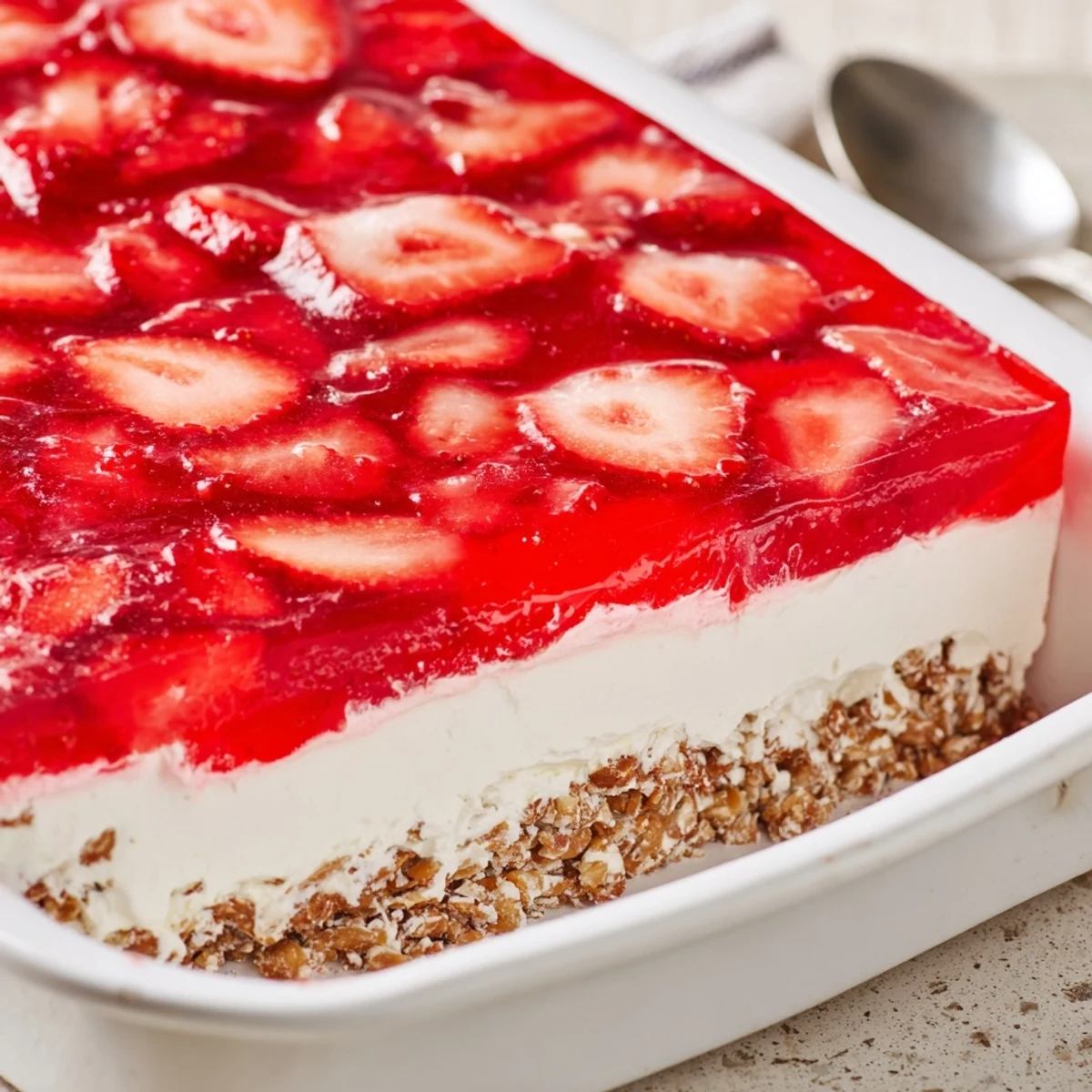 Sliced strawberries floating in bright red gelatin on whipped cream over crunchy pretzel crust in strawberry crackle salad