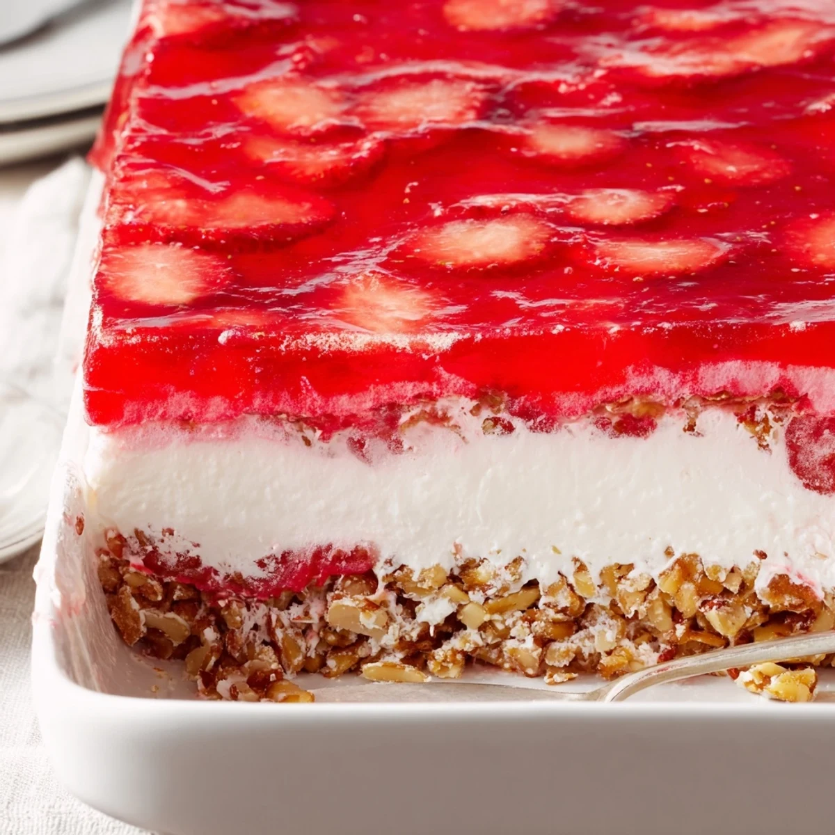 Square slice revealing pretzel crust, creamy middle, and strawberry gelatin layer of this strawberry crackle salad