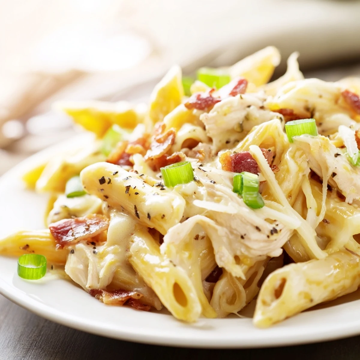 Creamy crack chicken pasta topped with crispy bacon and shredded cheddar cheese
