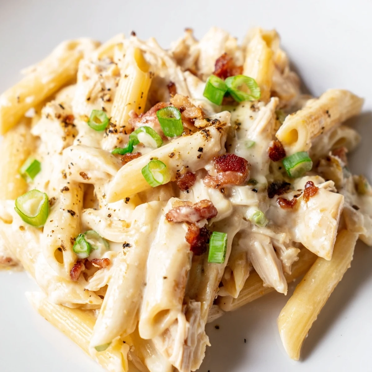 Rich and comforting crack chicken pasta dish with tender chicken pieces in sauce