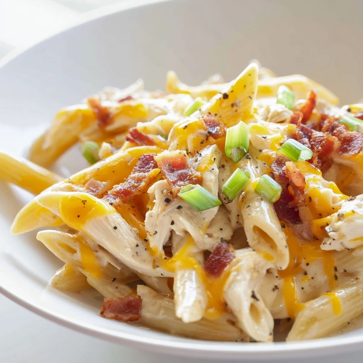 Steaming plate of crack chicken pasta garnished with green onions and black pepper