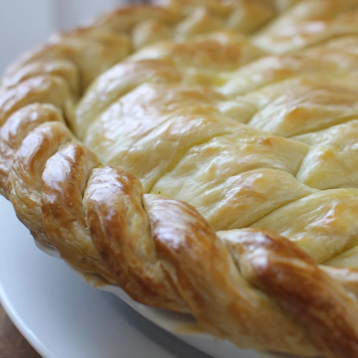 Close-up of woven fishtail braid pie crust with egg washed golden braiding detail