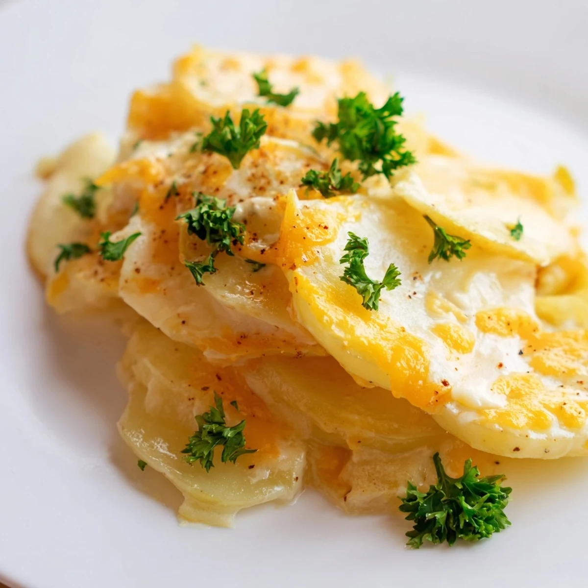 Golden layers of tender Crockpot scalloped potatoes bubbling with melted sharp cheddar cheese