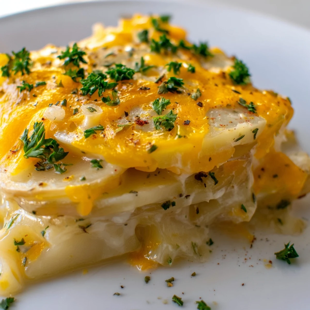 Creamy slow-cooked Crockpot scalloped potatoes topped with fresh parsley in a rustic serving bowl