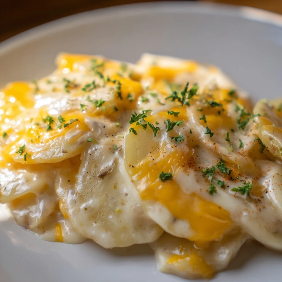Steaming scoop of cheesy Crockpot scalloped potatoes showing perfectly layered potato slices and onion
