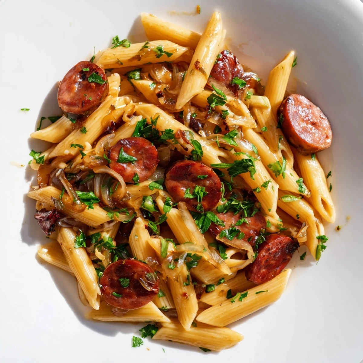 Golden honey garlic sausage pasta skillet with tender penne coated in glossy sticky sauce