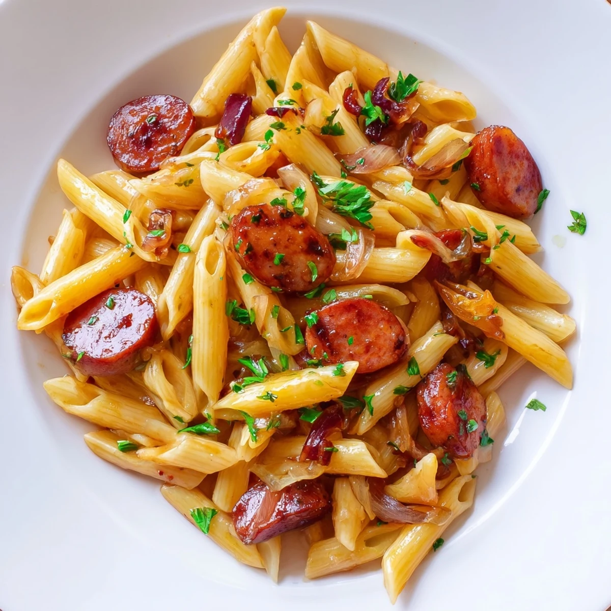 Caramelized smoked sausage pieces tossed with pasta in a rich sweet and savory garlic glaze