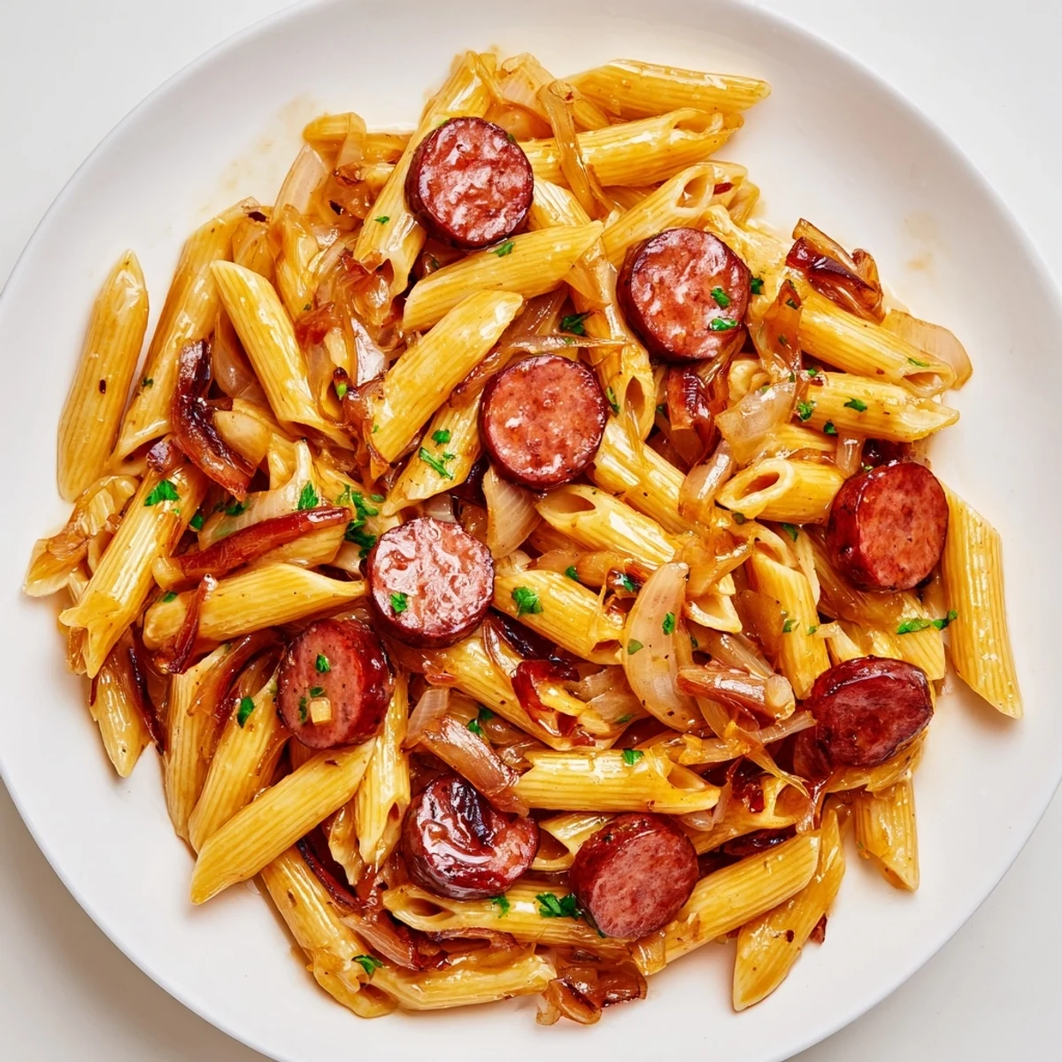 One-pan honey garlic sausage pasta featuring juicy meat slices and a thick reddish-brown coating sauce