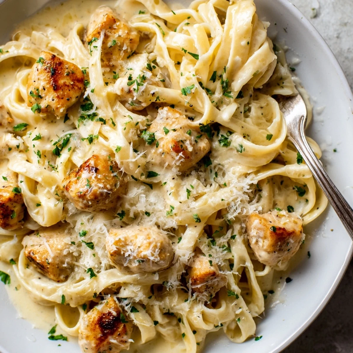Steamy bowl of Instant Pot Chicken Alfredo garnished with fresh parsley and extra grated cheese