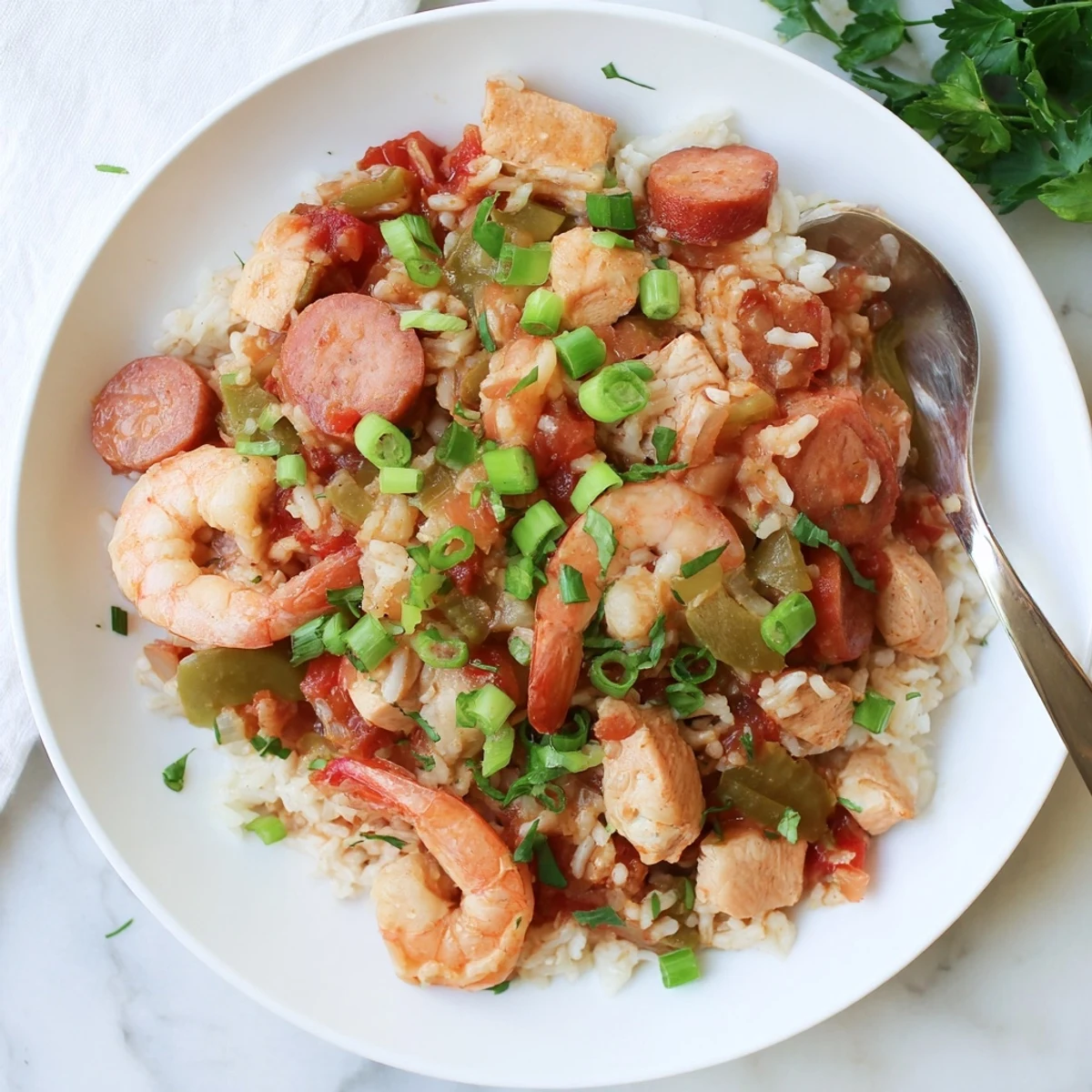 Slow cooker Crock Pot Jambalaya featuring tender chicken, sausage, and pink shrimp in a rich, spiced tomato broth with fluffy white rice