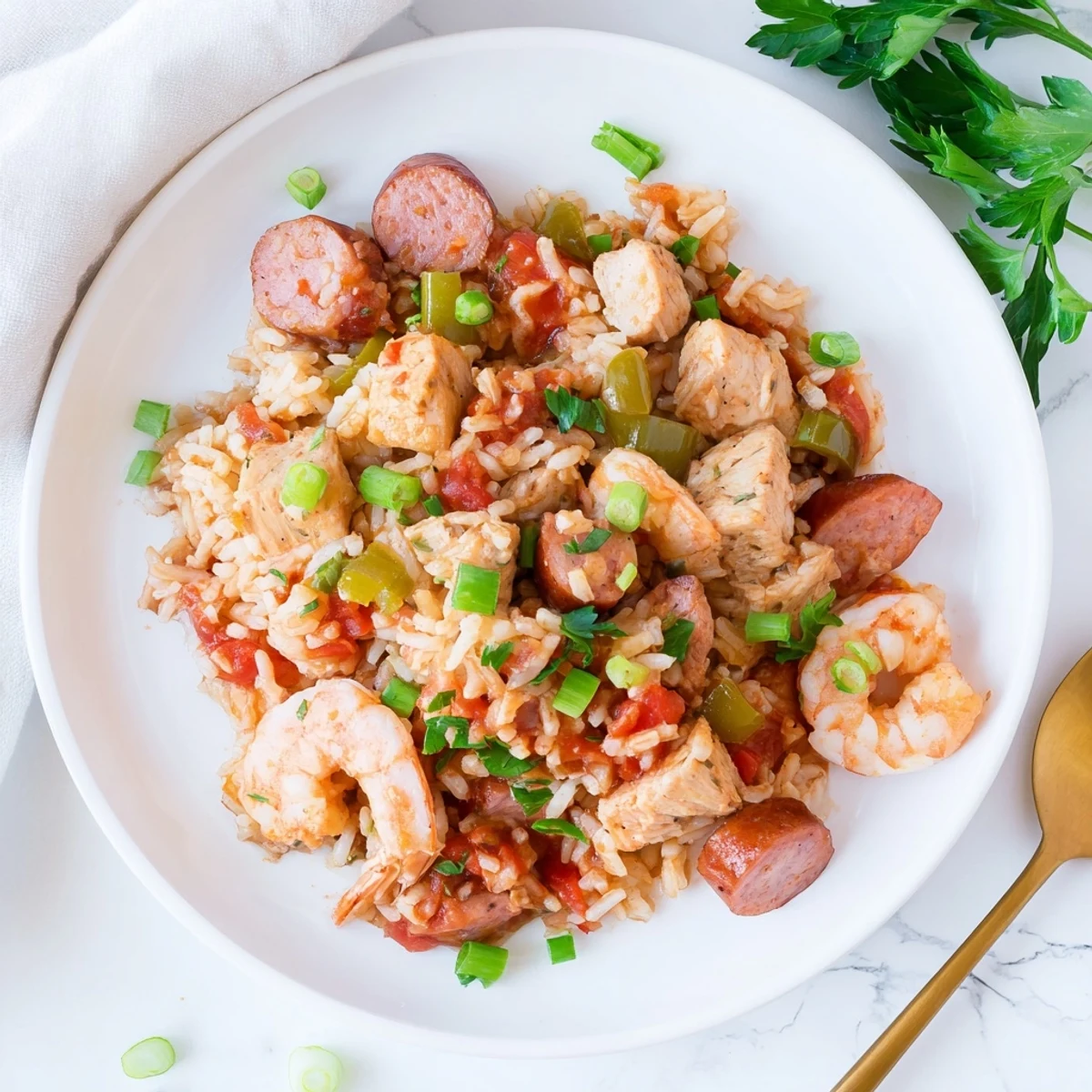Hearty Crock Pot Jambalaya brimming with smoked Andouille sausage, chicken, shrimp, and colorful vegetables over perfectly cooked long-grain rice