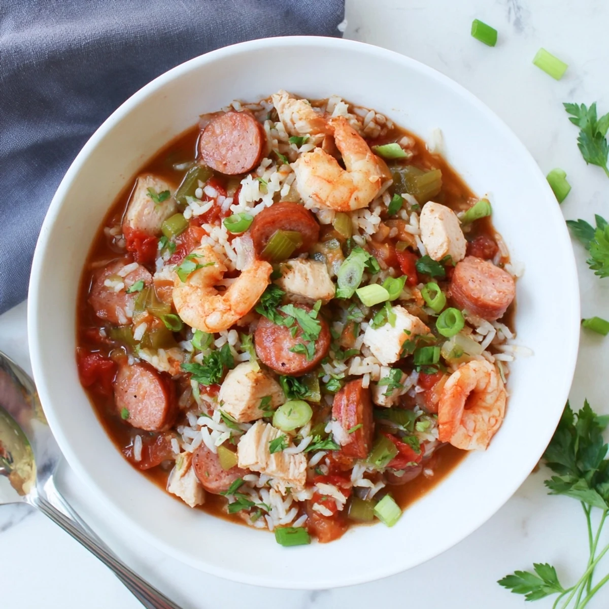 Spicy southern Crock Pot Jambalaya loaded with plump shrimp, sliced sausage, and chicken pieces in a savory Creole-seasoned sauce