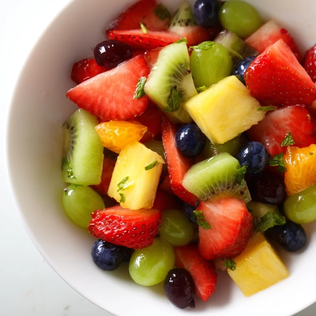 Colorful Easter fruit salad bowl filled with fresh strawberries, kiwi, blueberries, and mint garnish