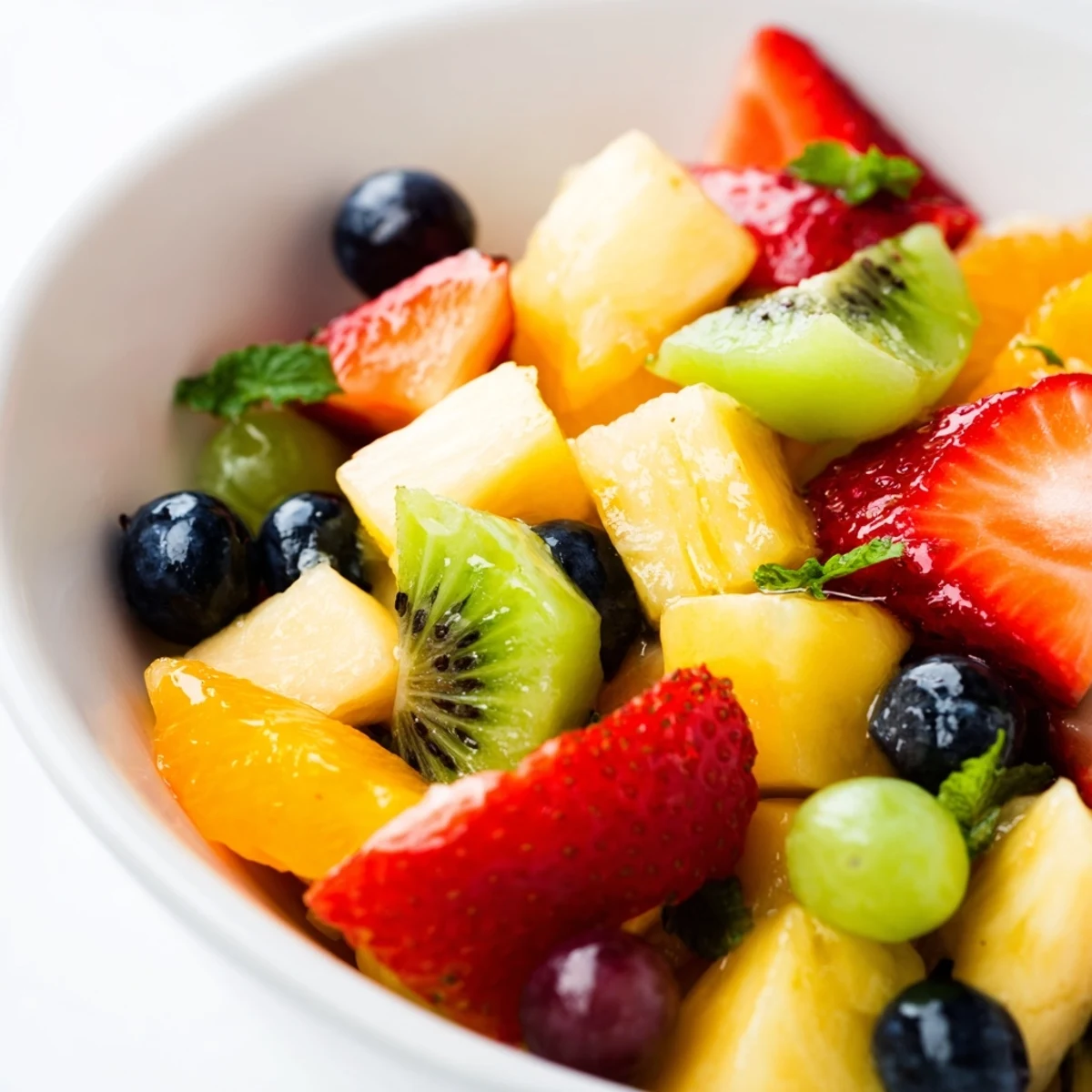 Vibrant spring Easter fruit salad arranged in serving bowl with fresh mint and poppy seed dressing