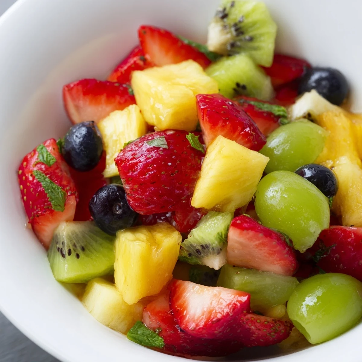 Refreshing Easter fruit salad displaying diced pineapple, grapes, and mandarin oranges in honey lime dressing