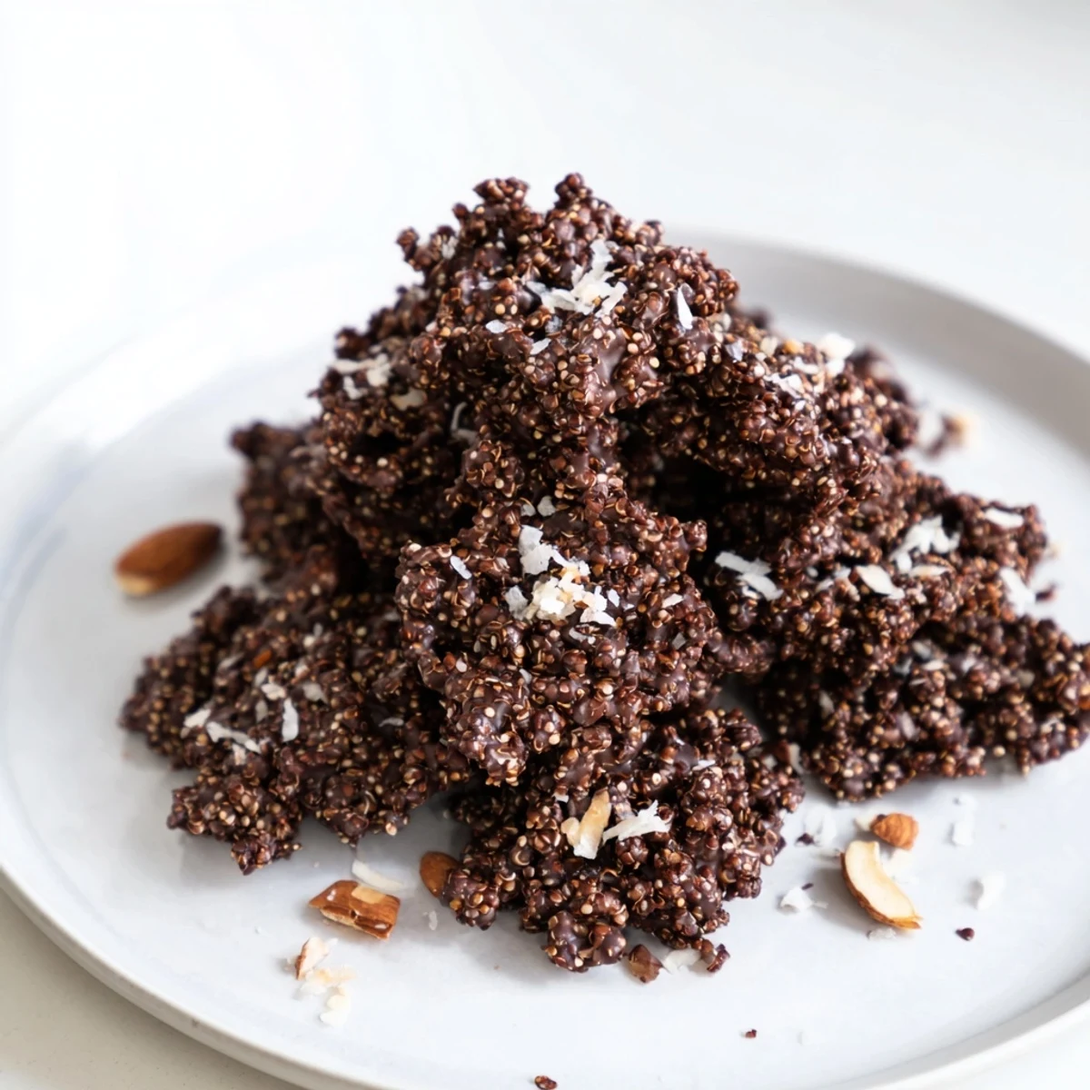 Bite-sized dark chocolate quinoa crisps stacked neatly showing rich dark chocolate studded with crunchy toasted quinoa granules