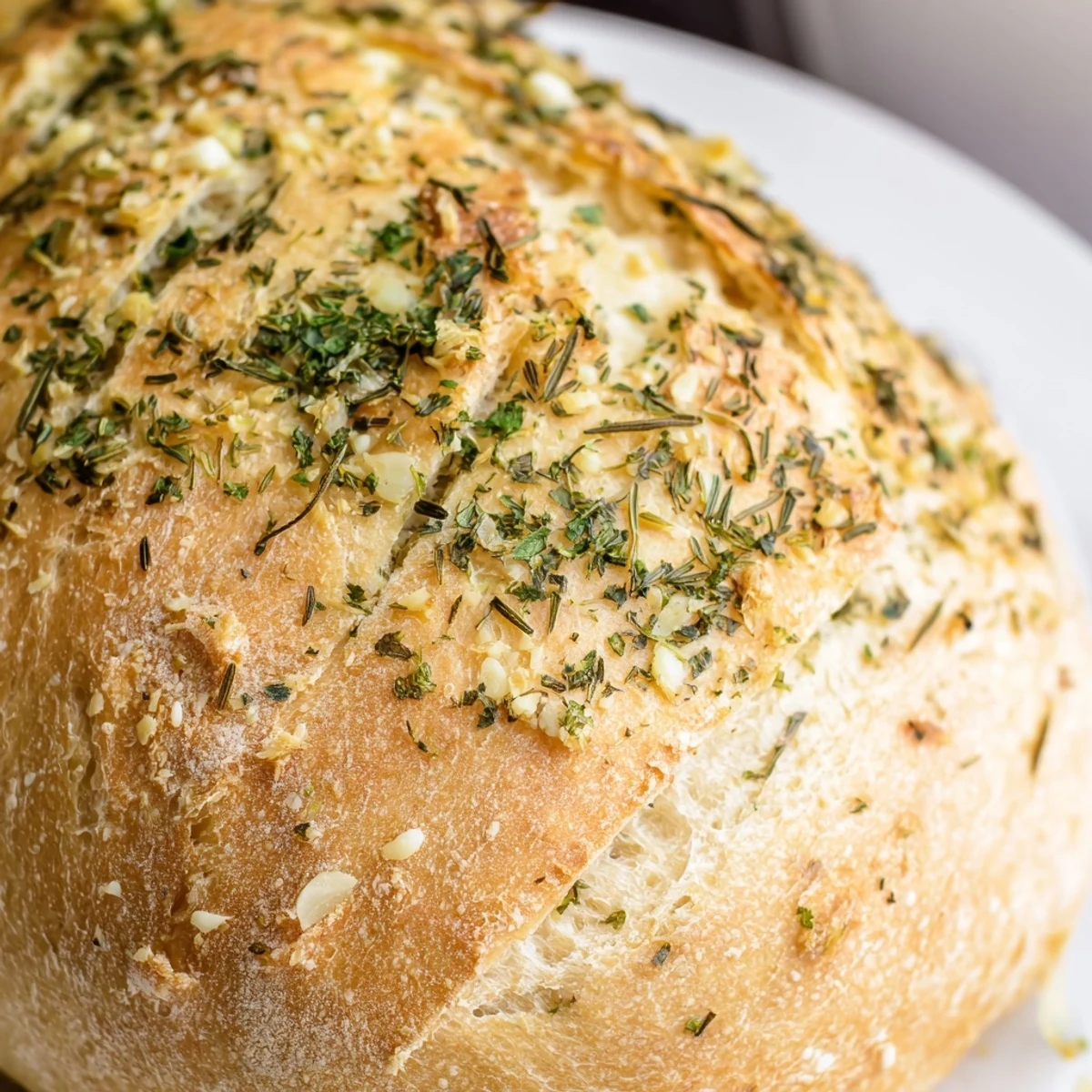 Freshly baked garlic herb Dutch oven bread brushed with melted butter and garnished with green parsley