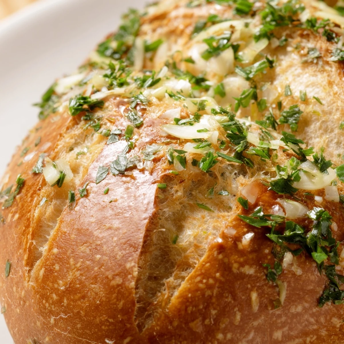 Rusty golden loaf of garlic herb Dutch oven bread with a crisp, crackling crust and soft interior