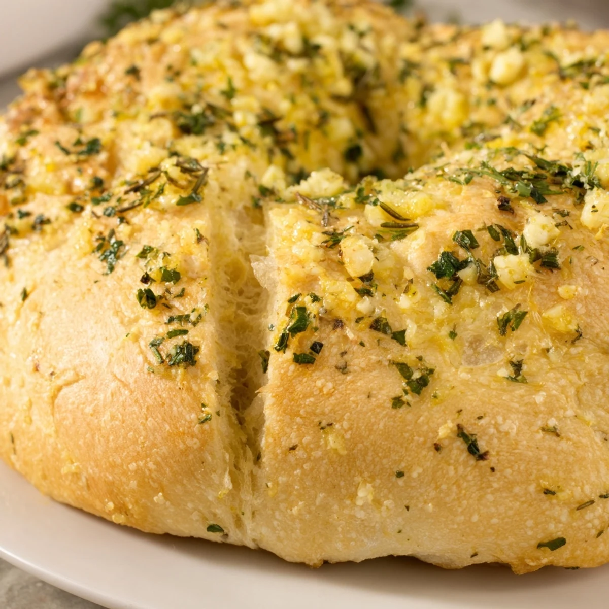 Sliced artisan garlic herb Dutch oven bread showing tender crumb and aromatic flecks of rosemary