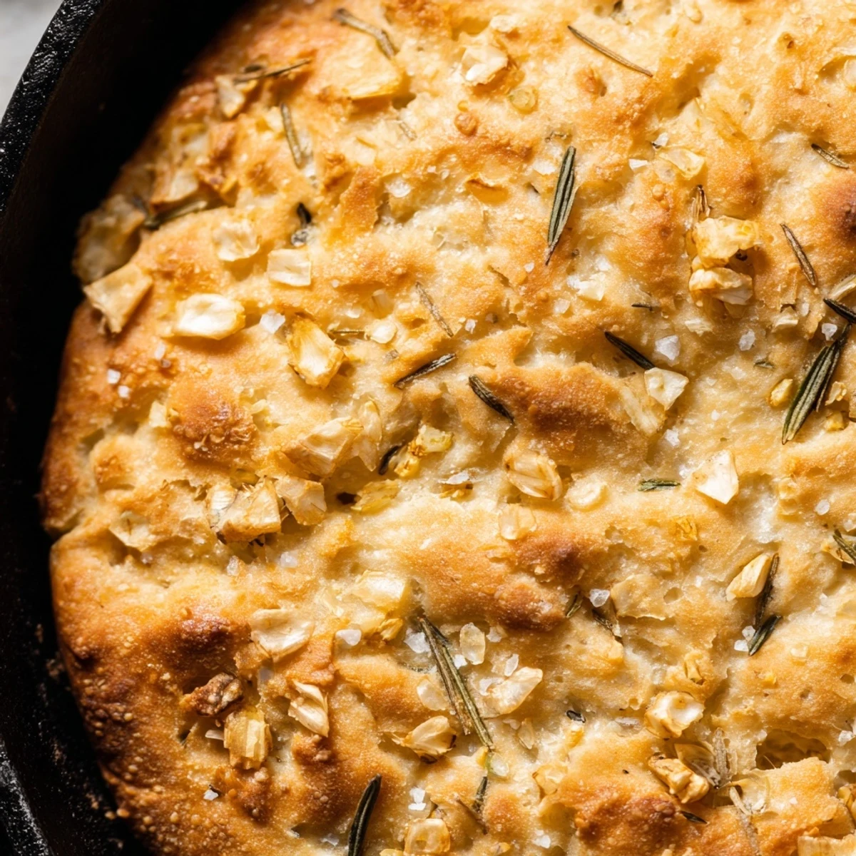 Golden rustic garlic rosemary skillet bread with crisp edges and chewy interior