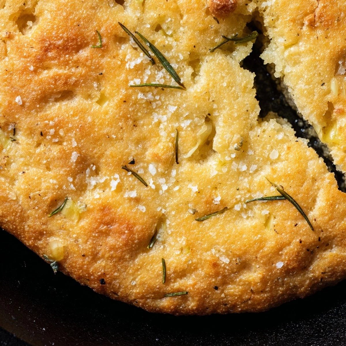 Cast iron skillet bread topped with rosemary garlic and flaky sea salt