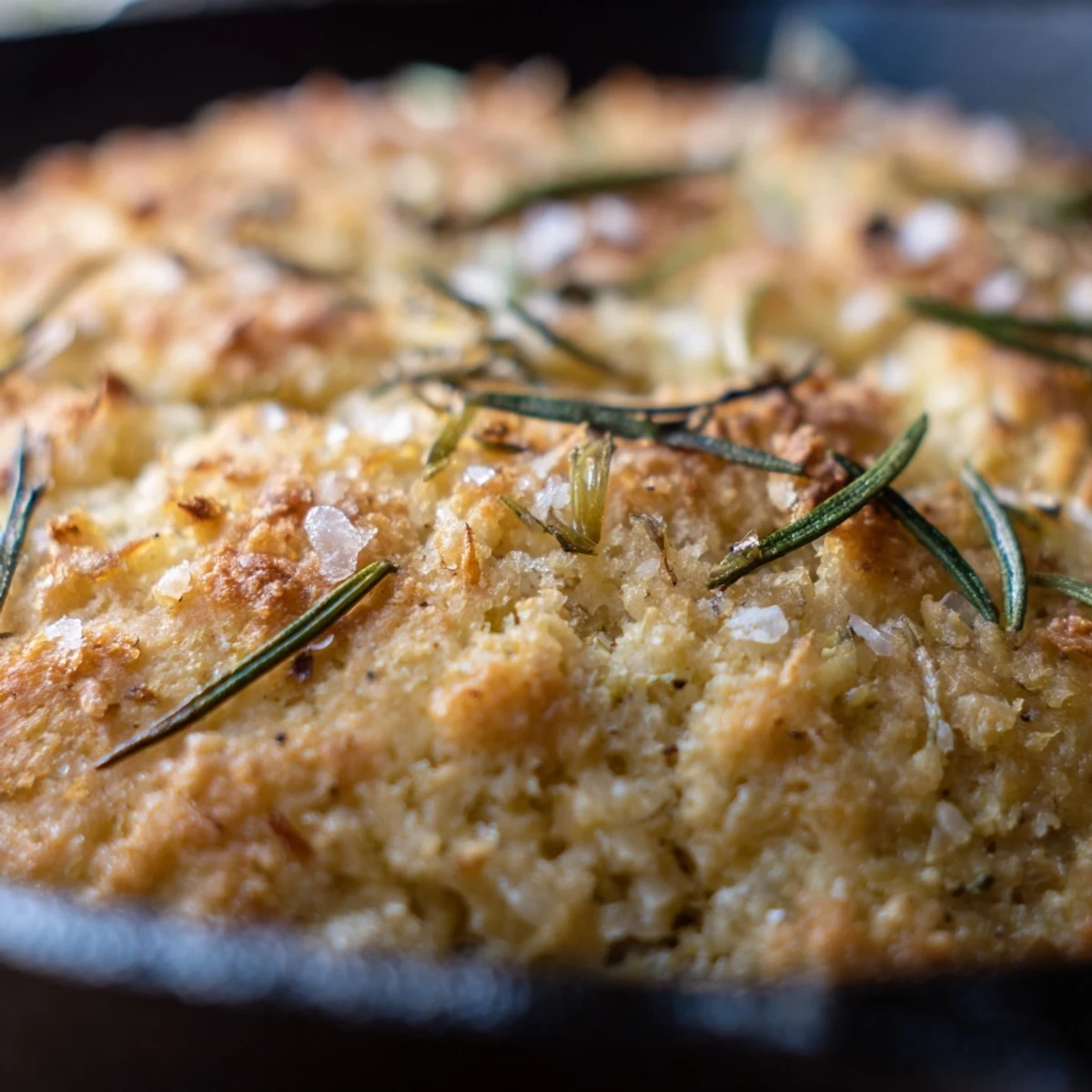 Warm oven-baked skillet bread with aromatic roasted garlic and fresh rosemary sprigs