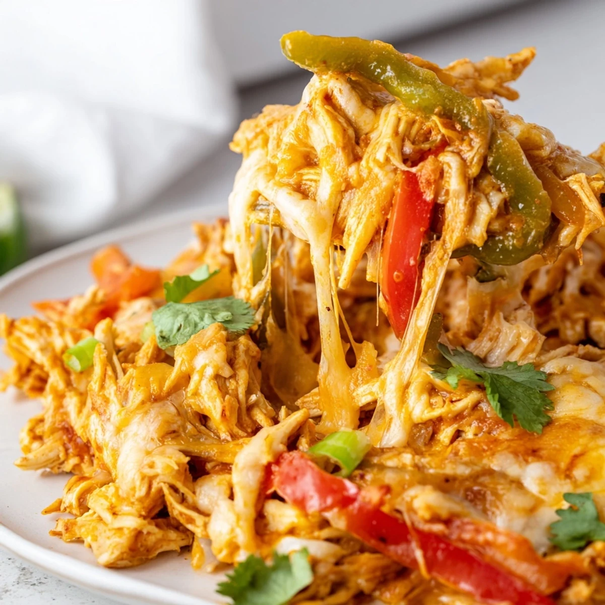 Golden bubbly cheesy chicken fajita casserole with colorful peppers and melted cheese topping
