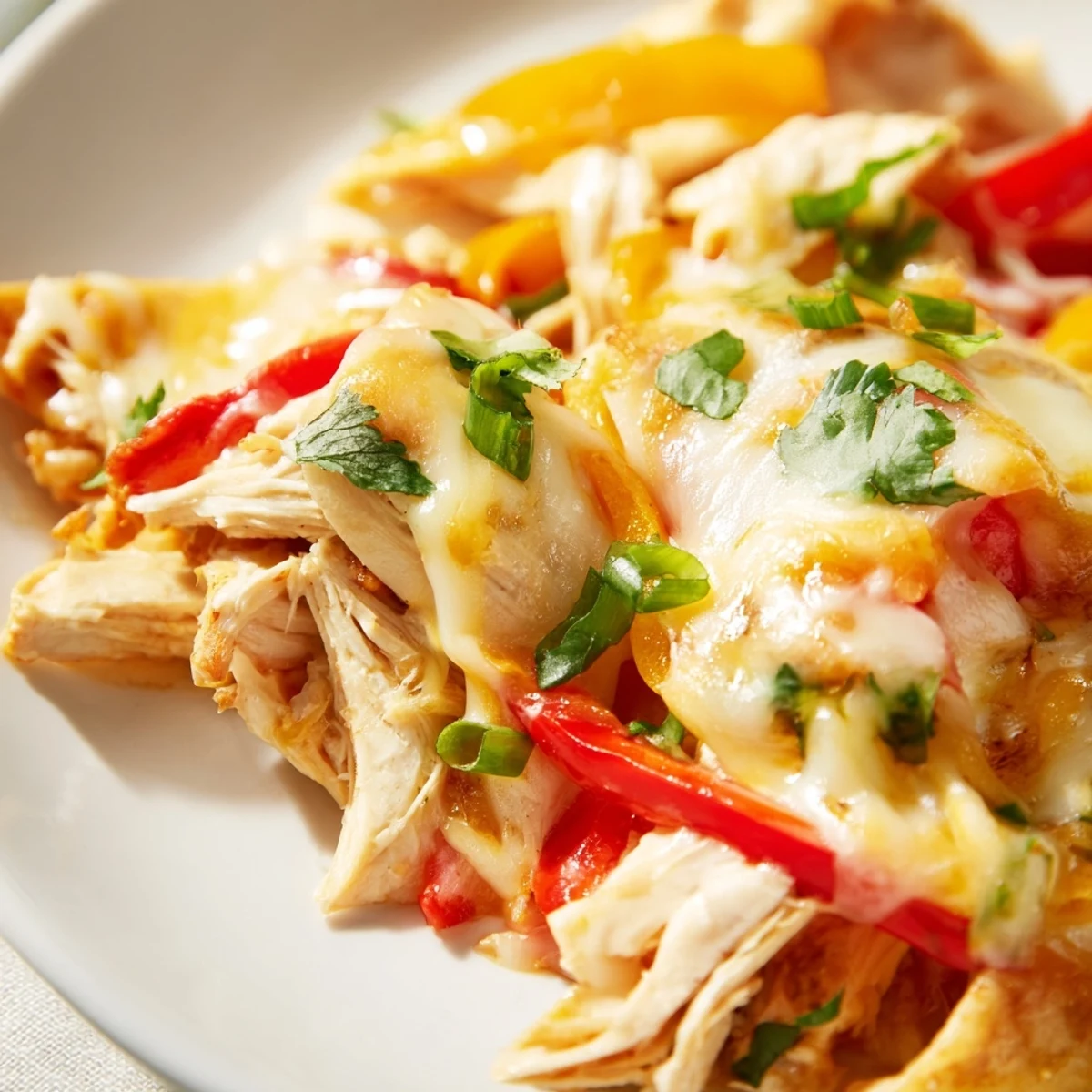 Oven-baked cheesy chicken fajita casserole featuring tender chicken slices and vibrant bell peppers