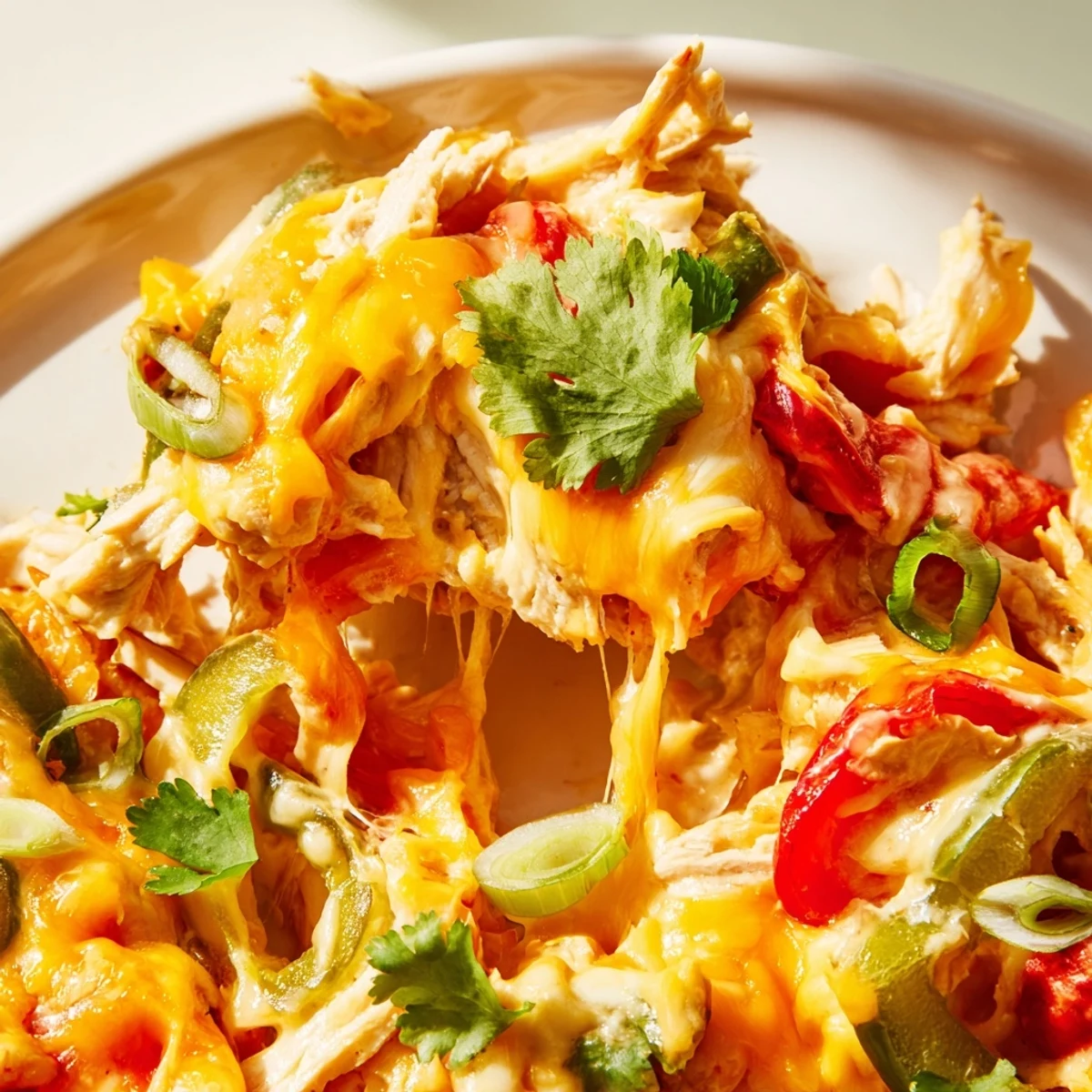 Tex-Mex cheesy chicken fajita casserole served hot with garnish of fresh cilantro and onions