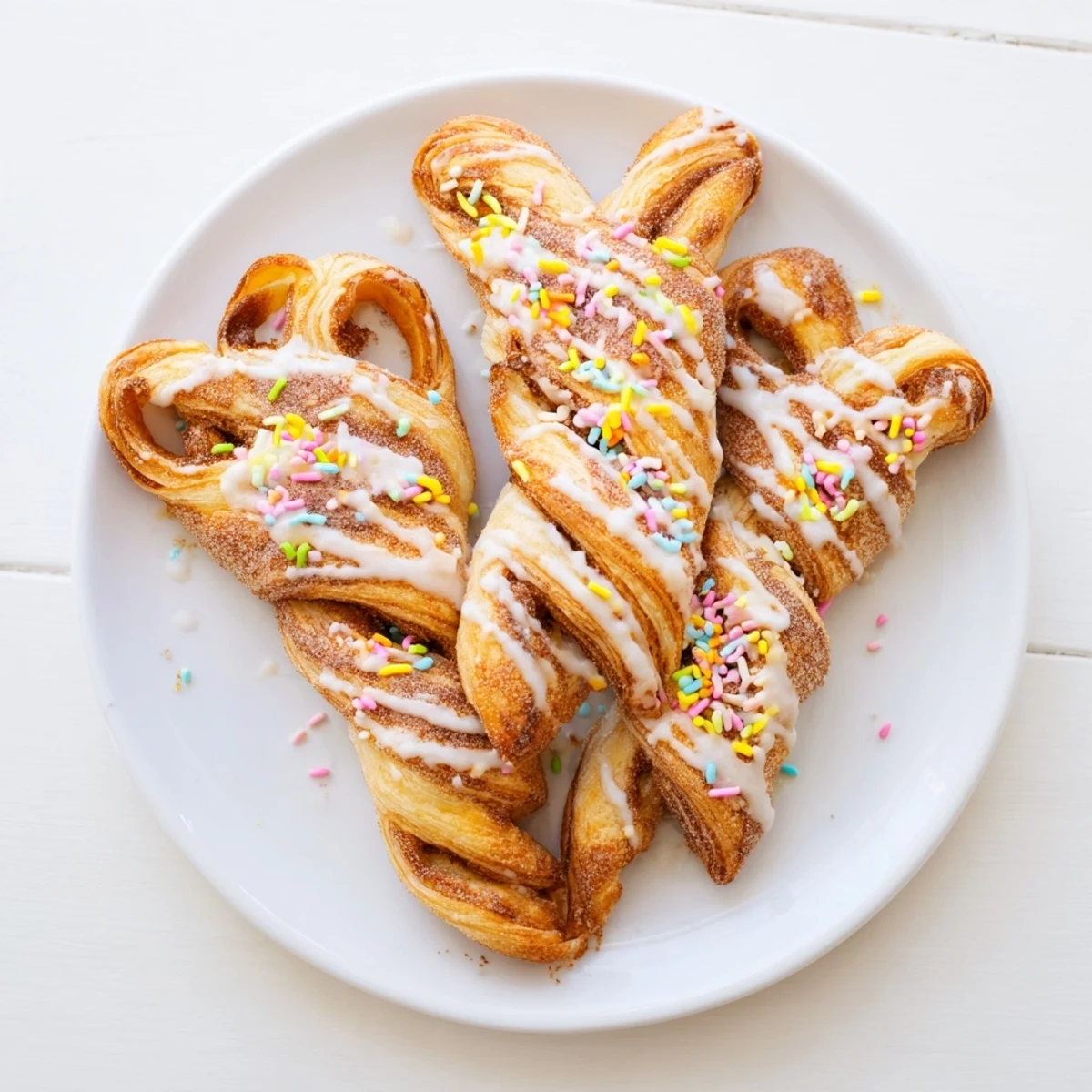 Golden brown Easter Bunny Twists drizzled with white icing and colorful sprinkles on a white plate