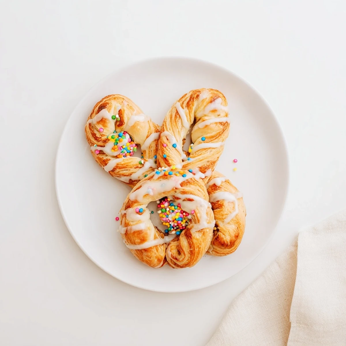 Freshly baked Easter Bunny Twists pastry with melted butter glaze and pearl sugar decoration for festive brunch