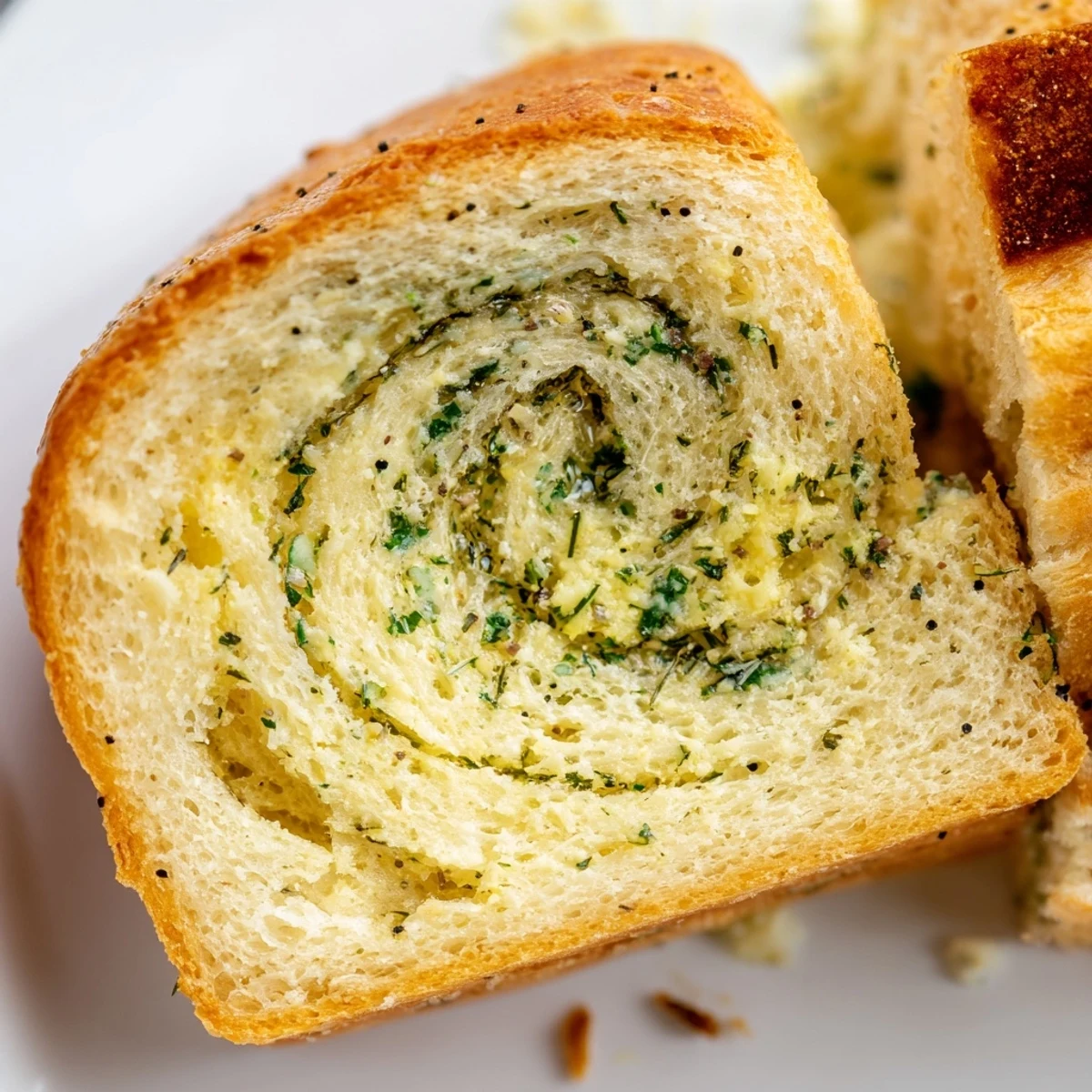 Golden garlic and herb bread loaf sliced fresh on a wooden cutting board