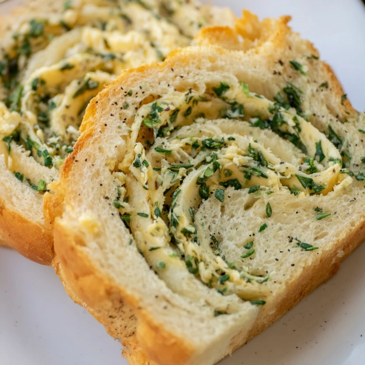 Fluffy homemade garlic and herb bread brushed with butter and fresh parsley
