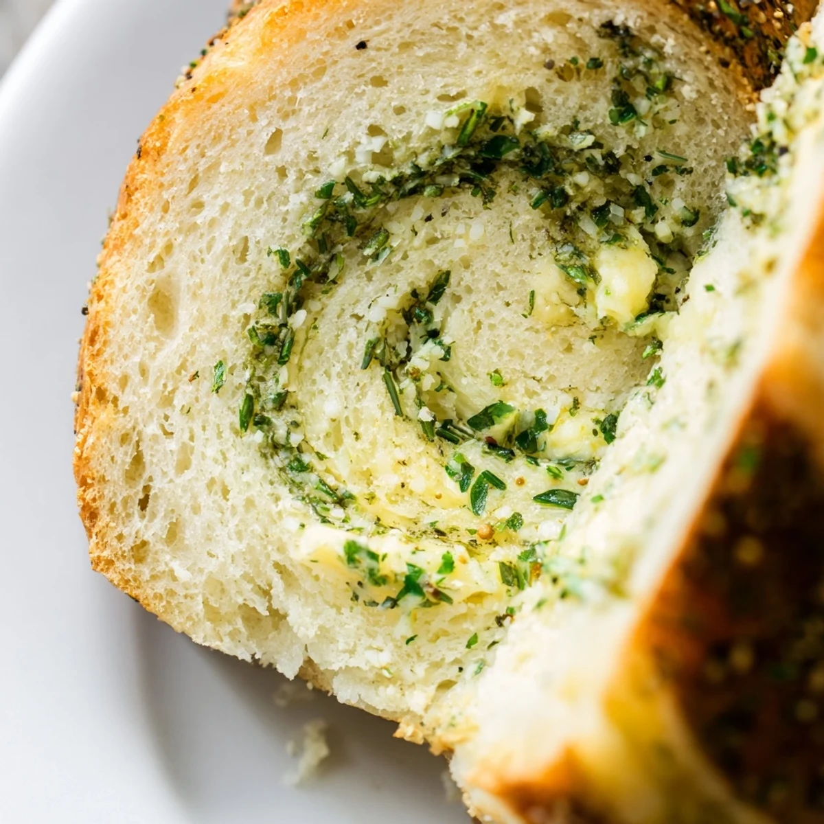 Warm aromatic garlic and herb bread served alongside soup in a rustic bowl