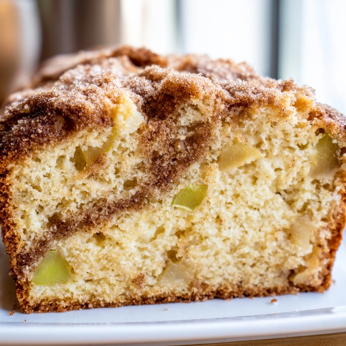 Freshly baked cinnamon apple bread loaf with golden brown crust and visible apple chunks