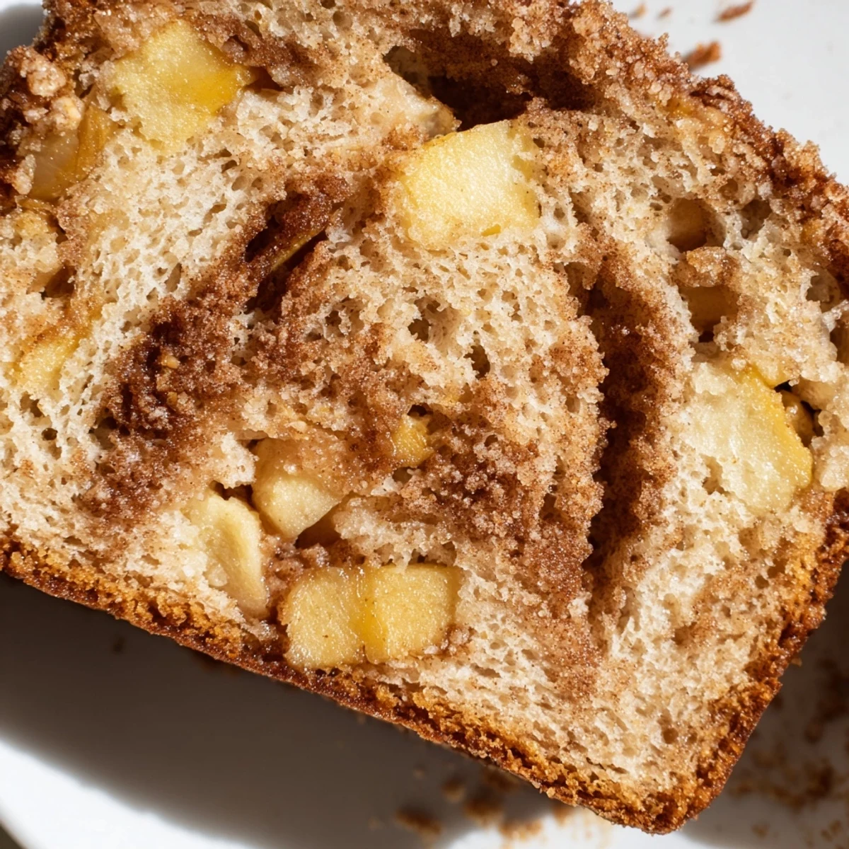 Warm slice of cinnamon apple bread served on a white plate with powdered sugar dusting