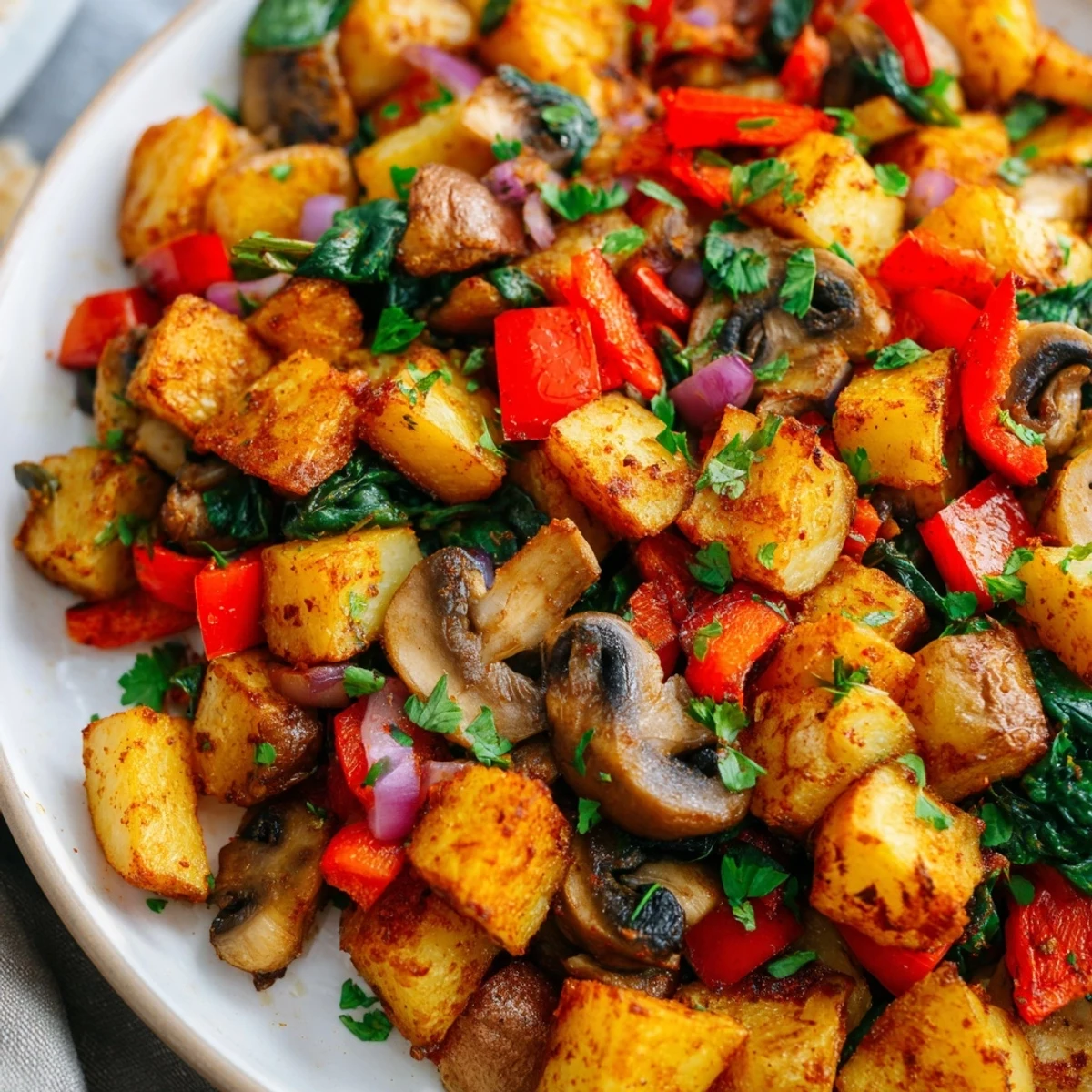 Golden vegan breakfast hash with crispy potatoes, colorful peppers, and aromatic spices in a skillet