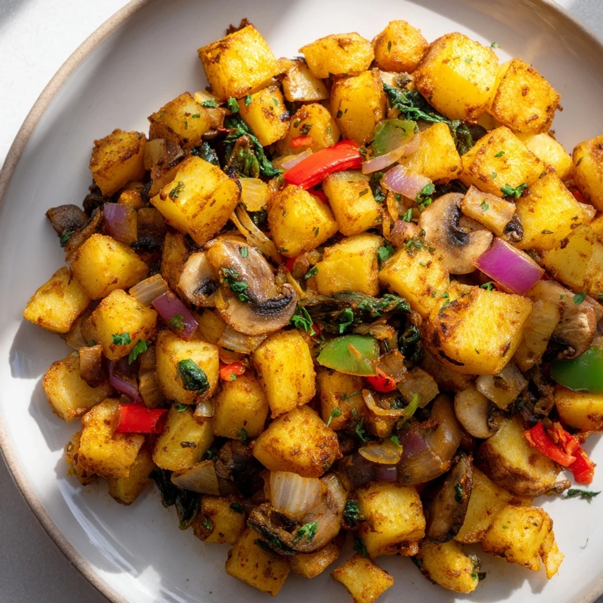 Hearty vegan breakfast hash featuring tender vegetables, spinach, and smoky seasonings on a white plate
